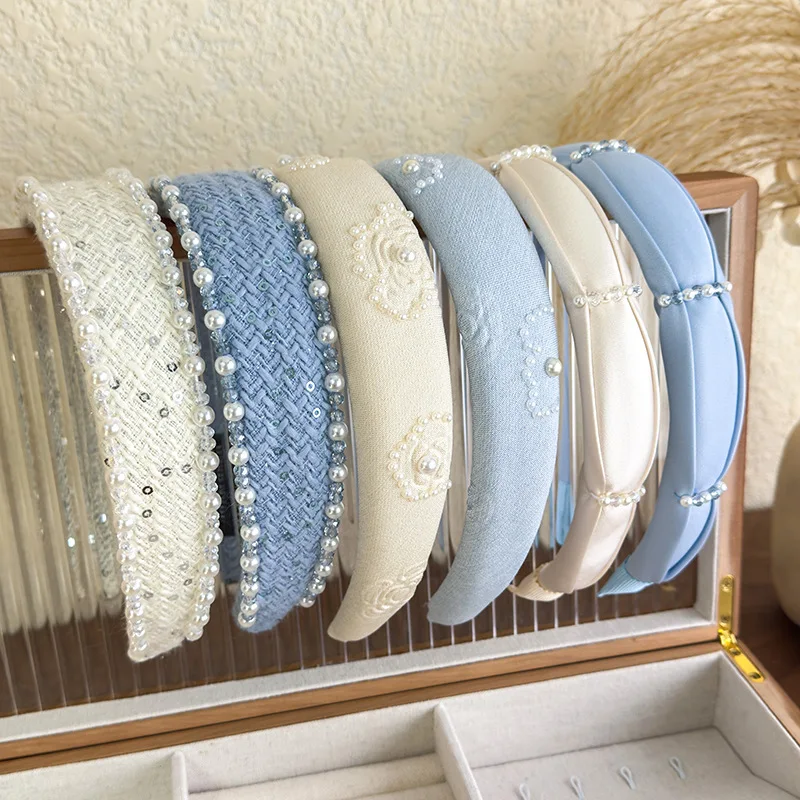 2025 Retro Rose Print Pearl Crystal Headband Women Elegant Hair Band Girl Sweet Beige Blue Hair Hoop Lady Party Hair Accessories