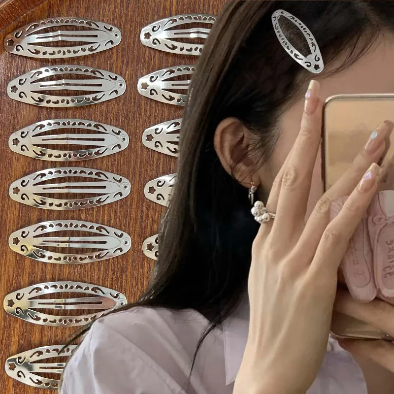 Vintage Hollowed Out Pattern Hair Clips Y2K Geometric Silver Oval Snap Hairclips Punk Metal Side Hairpin Korean Hair Accessories