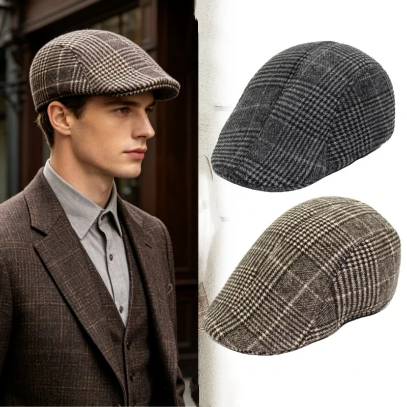 British Style Autumn Winter Warm Gentleman Baseball Hat Berets Newsboy Painters Hat Plaid Wool Hat Unisex Cabbie Visor Flat Cap