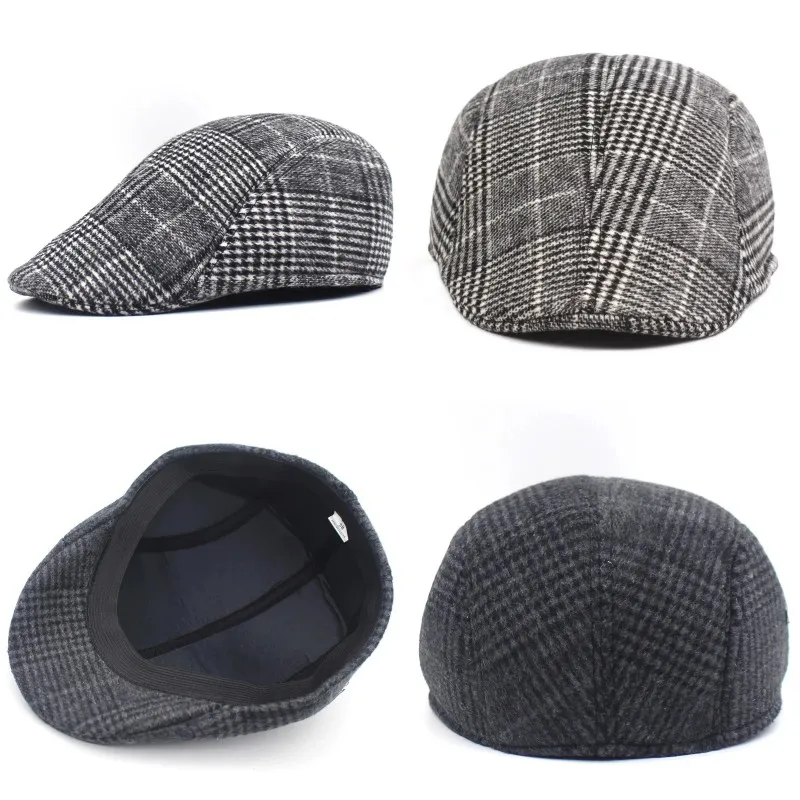 British Style Autumn Winter Warm Gentleman Baseball Hat Berets Newsboy Painters Hat Plaid Wool Hat Unisex Cabbie Visor Flat Cap