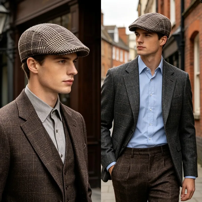 British Style Autumn Winter Warm Gentleman Baseball Hat Berets Newsboy Painters Hat Plaid Wool Hat Unisex Cabbie Visor Flat Cap