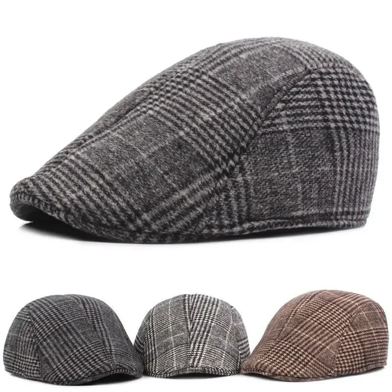 British Style Autumn Winter Warm Gentleman Baseball Hat Berets Newsboy Painters Hat Plaid Wool Hat Unisex Cabbie Visor Flat Cap