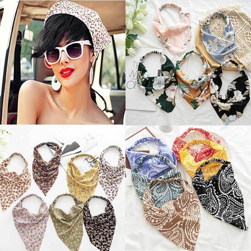 Women's Bandana Vintage Bohemia Women Bandana Hair Band Scarf Print Vintage Triangle Turban Elastic Headband for Lady Head Scarf