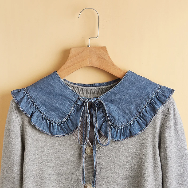 Women's Washed Denim Shawl Collar with Pleated Lace and Fashionable Fake Collar