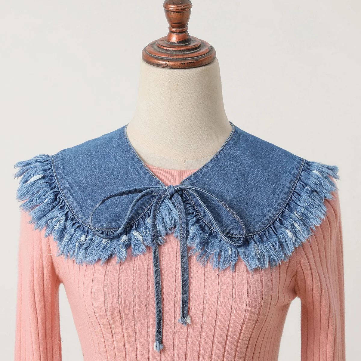 Women's Washed Denim Shawl Collar with Pleated Lace and Fashionable Fake Collar