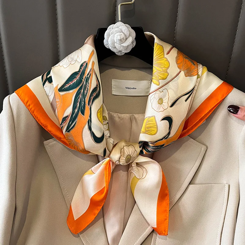 27.5" Elegant Floral Print Satin Square Scarf for Women Soft Lightweight Shawl Neck Accessory Headband Sun Protection Scarf