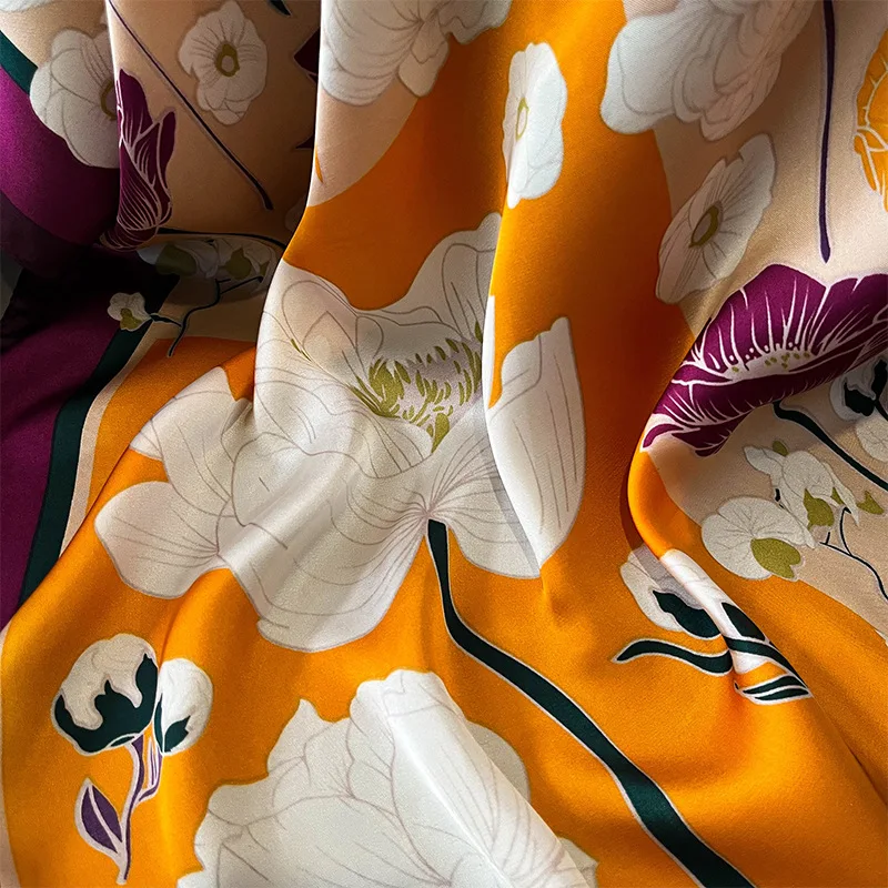 27.5" Elegant Floral Print Satin Square Scarf for Women Soft Lightweight Shawl Neck Accessory Headband Sun Protection Scarf