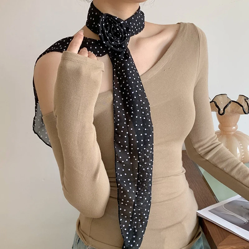 Women French Long Rose Flower Silk Scarf Flutter Shirt Y2K Fashion Temperament Accessories Summer Sunscreen Sunshade Scarfs