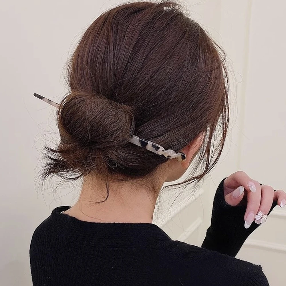 Vintage Leopard Print Hair Sticks Chinese Styles Acetate Chignon Hair Fork For Women Girls Party Bun Hairstyle Accessories