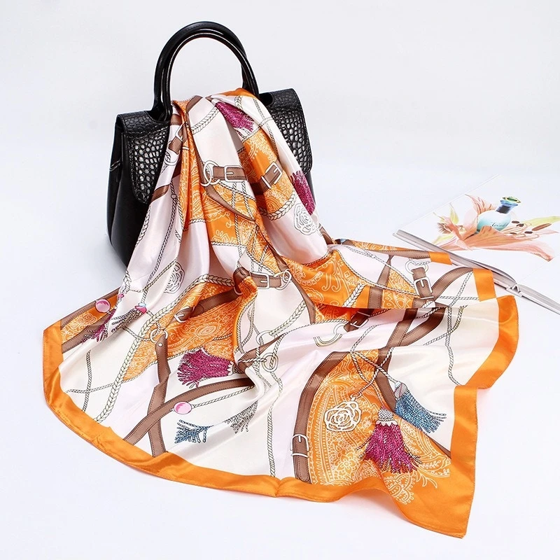 90cm The Four Seasons Fashion Versatile Women's Belt Rope Tassel Decoration Simulation Silk Scarf Large Square Scarf Shawl Scarf