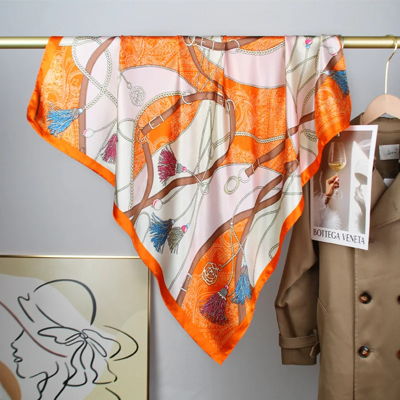 90cm The Four Seasons Fashion Versatile Women's Belt Rope Tassel Decoration Simulation Silk Scarf Large Square Scarf Shawl Scarf