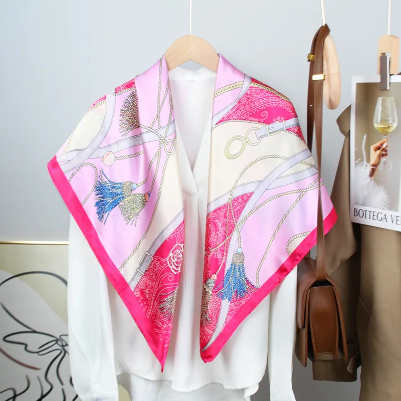 90cm The Four Seasons Fashion Versatile Women's Belt Rope Tassel Decoration Simulation Silk Scarf Large Square Scarf Shawl Scarf