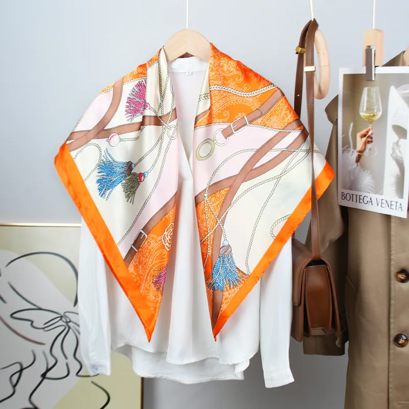 90cm The Four Seasons Fashion Versatile Women's Belt Rope Tassel Decoration Simulation Silk Scarf Large Square Scarf Shawl Scarf