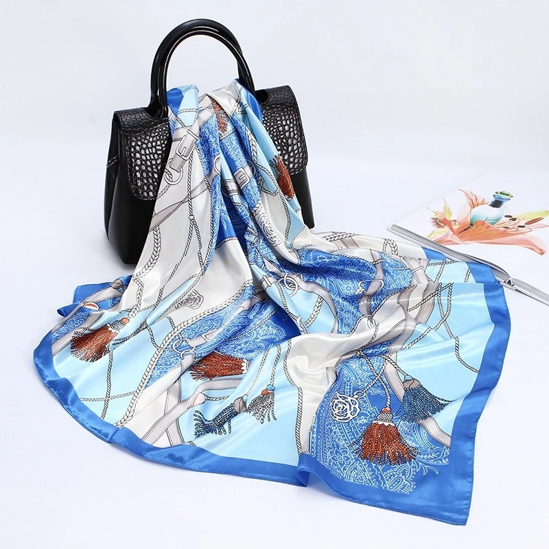 90cm The Four Seasons Fashion Versatile Women's Belt Rope Tassel Decoration Simulation Silk Scarf Large Square Scarf Shawl Scarf