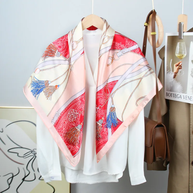 90cm The Four Seasons Fashion Versatile Women's Belt Rope Tassel Decoration Simulation Silk Scarf Large Square Scarf Shawl Scarf