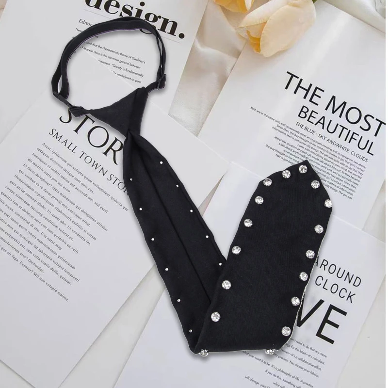 Elegant Black Rhinestone Lazy Tie Adjustable Neck Ties for Women Perfect for Casual & Business Shirt Bowtie Accessories