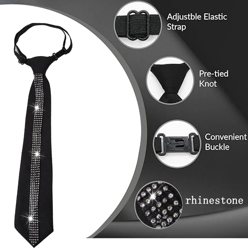 Elegant Black Rhinestone Lazy Tie Adjustable Neck Ties for Women Perfect for Casual & Business Shirt Bowtie Accessories