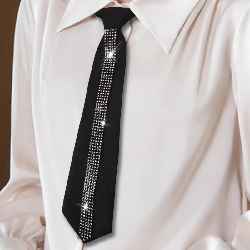 Elegant Black Rhinestone Lazy Tie Adjustable Neck Ties for Women Perfect for Casual & Business Shirt Bowtie Accessories
