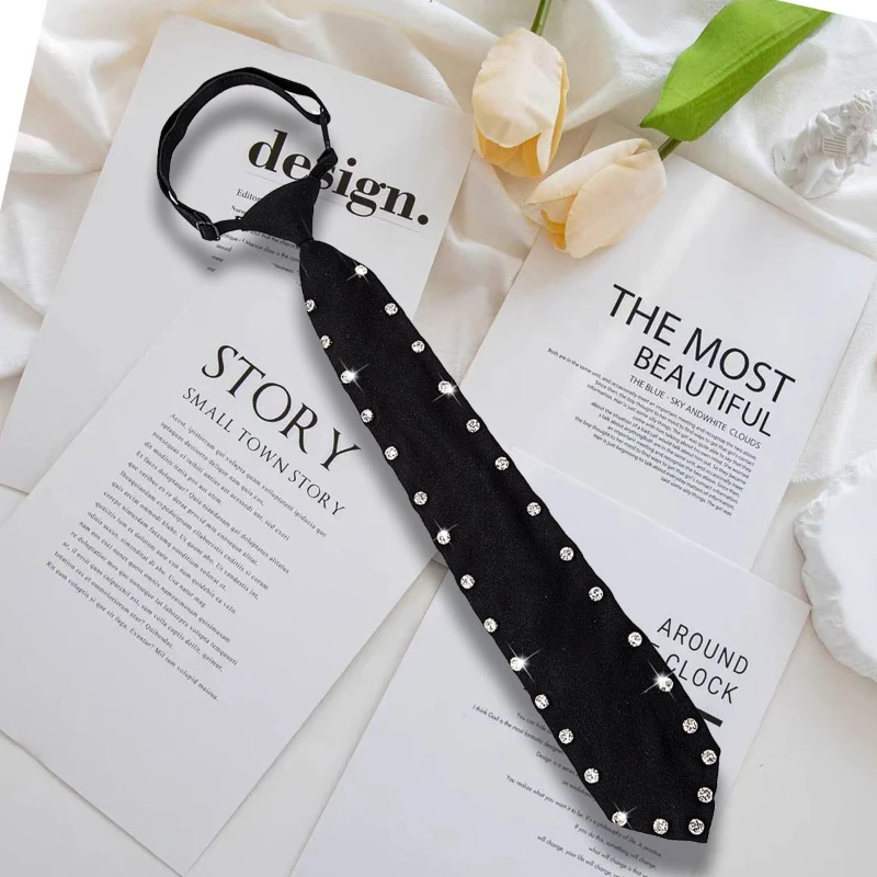 Elegant Black Rhinestone Lazy Tie Adjustable Neck Ties for Women Perfect for Casual & Business Shirt Bowtie Accessories