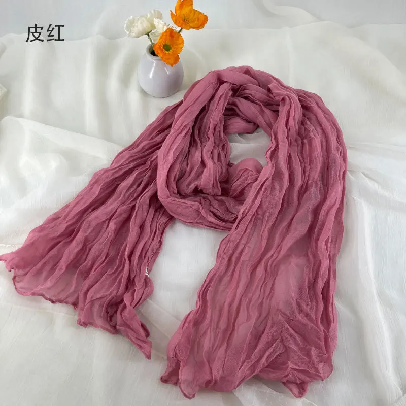 Women Soft Breathable Cotton and Linen Scarves Solid Color Pleated Scarf Retro Bohemian Style Long Wraps 180*90cm Multi Color