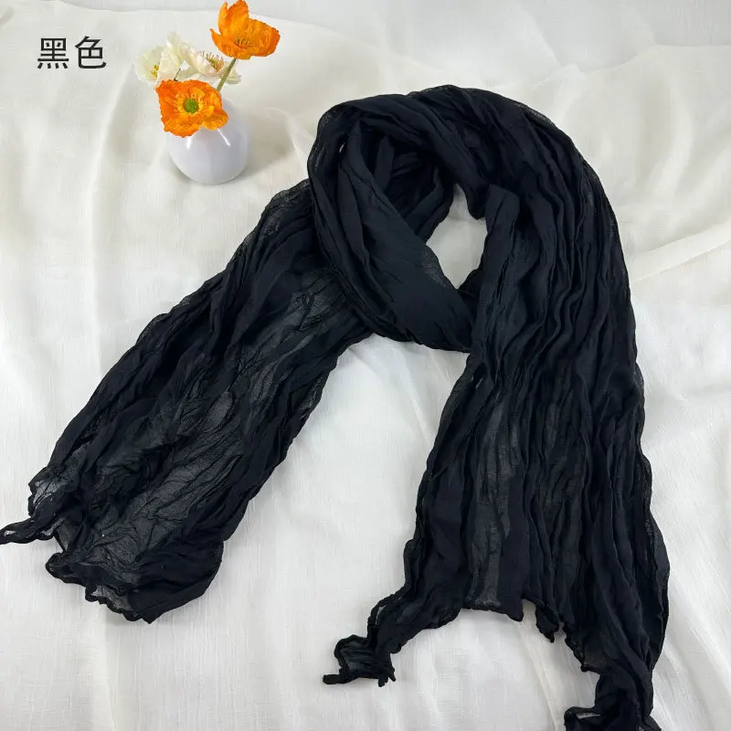 Women Soft Breathable Cotton and Linen Scarves Solid Color Pleated Scarf Retro Bohemian Style Long Wraps 180*90cm Multi Color