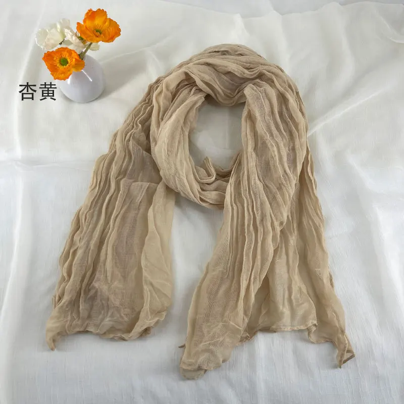 Women Soft Breathable Cotton and Linen Scarves Solid Color Pleated Scarf Retro Bohemian Style Long Wraps 180*90cm Multi Color