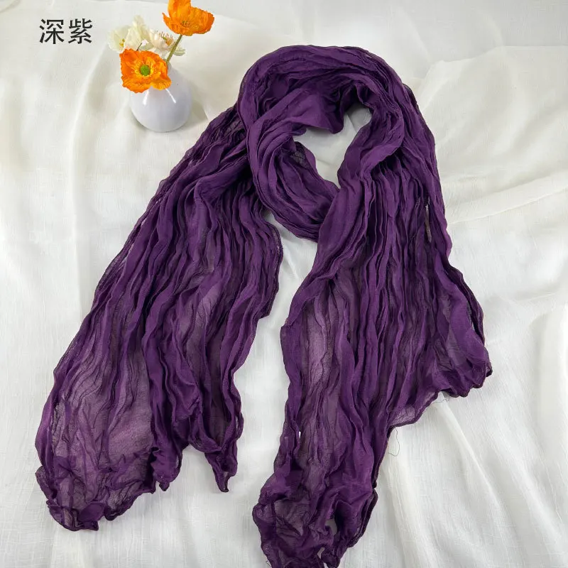 Women Soft Breathable Cotton and Linen Scarves Solid Color Pleated Scarf Retro Bohemian Style Long Wraps 180*90cm Multi Color