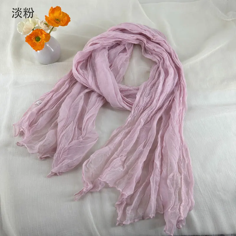 Women Soft Breathable Cotton and Linen Scarves Solid Color Pleated Scarf Retro Bohemian Style Long Wraps 180*90cm Multi Color