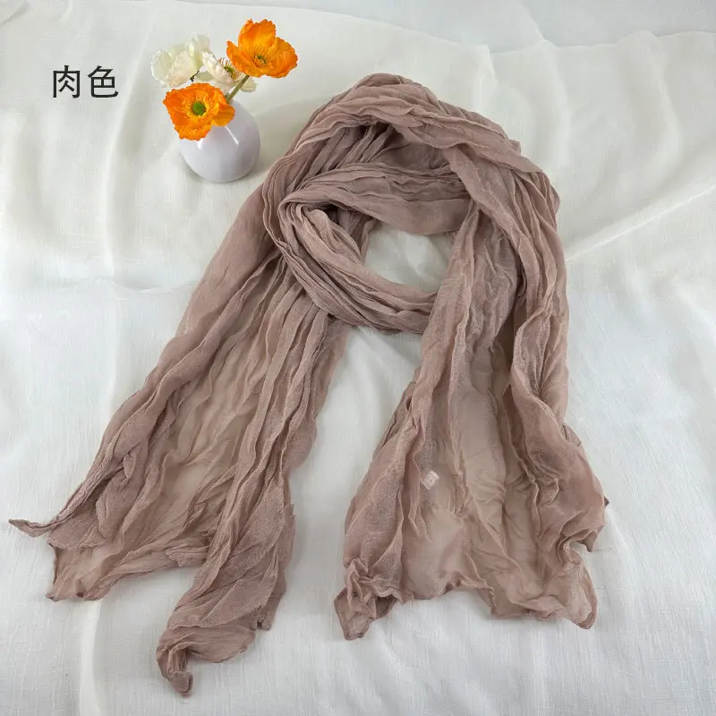 Women Soft Breathable Cotton and Linen Scarves Solid Color Pleated Scarf Retro Bohemian Style Long Wraps 180*90cm Multi Color