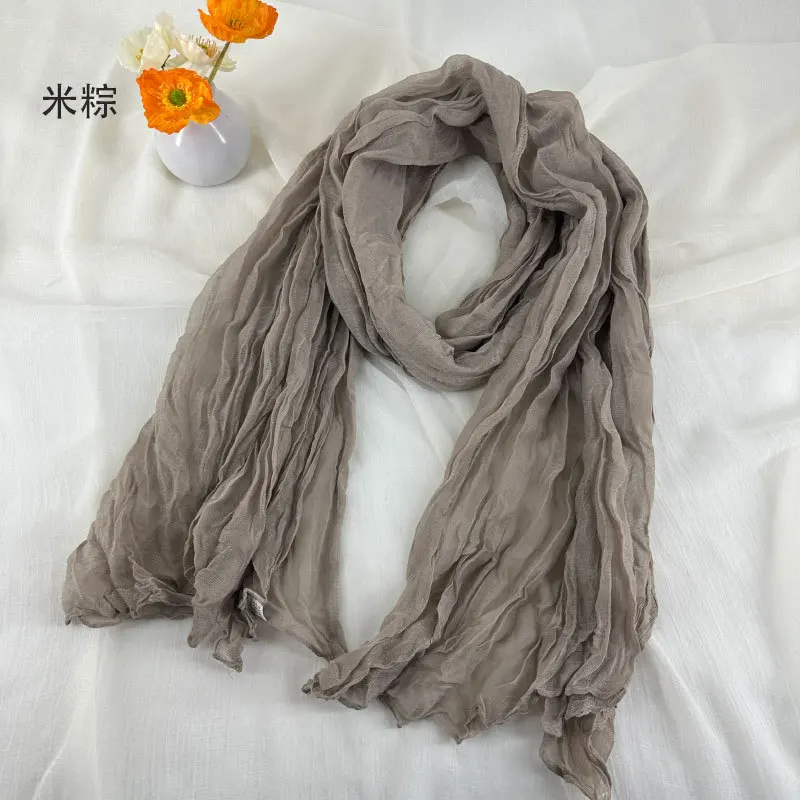 Women Soft Breathable Cotton and Linen Scarves Solid Color Pleated Scarf Retro Bohemian Style Long Wraps 180*90cm Multi Color