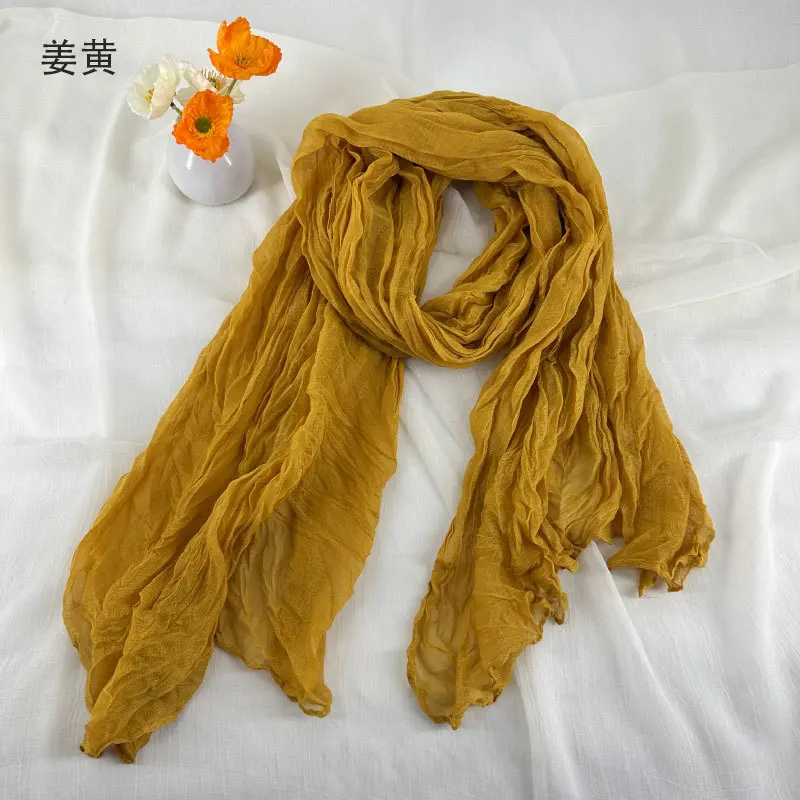 Women Soft Breathable Cotton and Linen Scarves Solid Color Pleated Scarf Retro Bohemian Style Long Wraps 180*90cm Multi Color