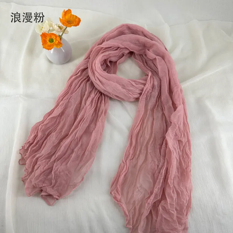 Women Soft Breathable Cotton and Linen Scarves Solid Color Pleated Scarf Retro Bohemian Style Long Wraps 180*90cm Multi Color