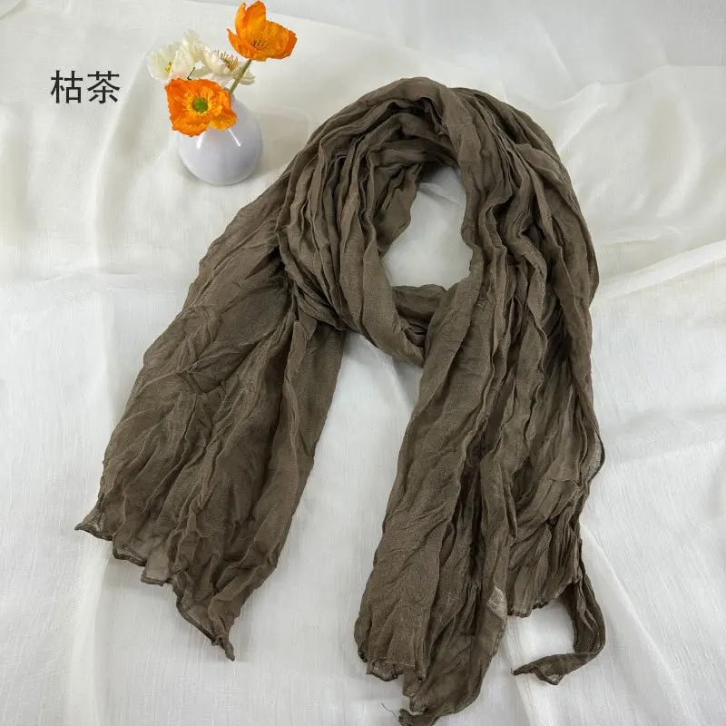 Women Soft Breathable Cotton and Linen Scarves Solid Color Pleated Scarf Retro Bohemian Style Long Wraps 180*90cm Multi Color