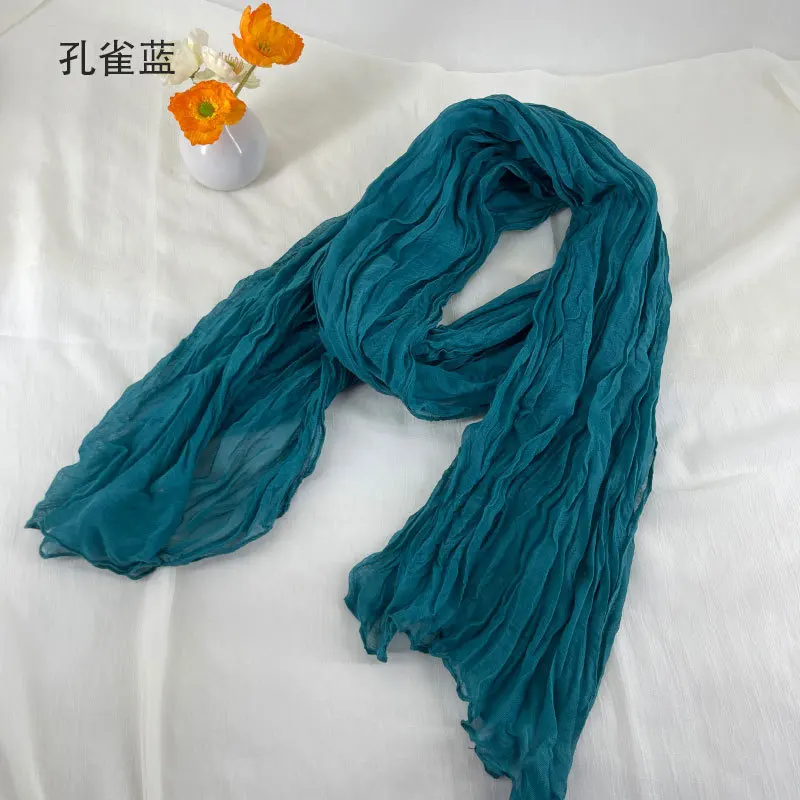 Women Soft Breathable Cotton and Linen Scarves Solid Color Pleated Scarf Retro Bohemian Style Long Wraps 180*90cm Multi Color