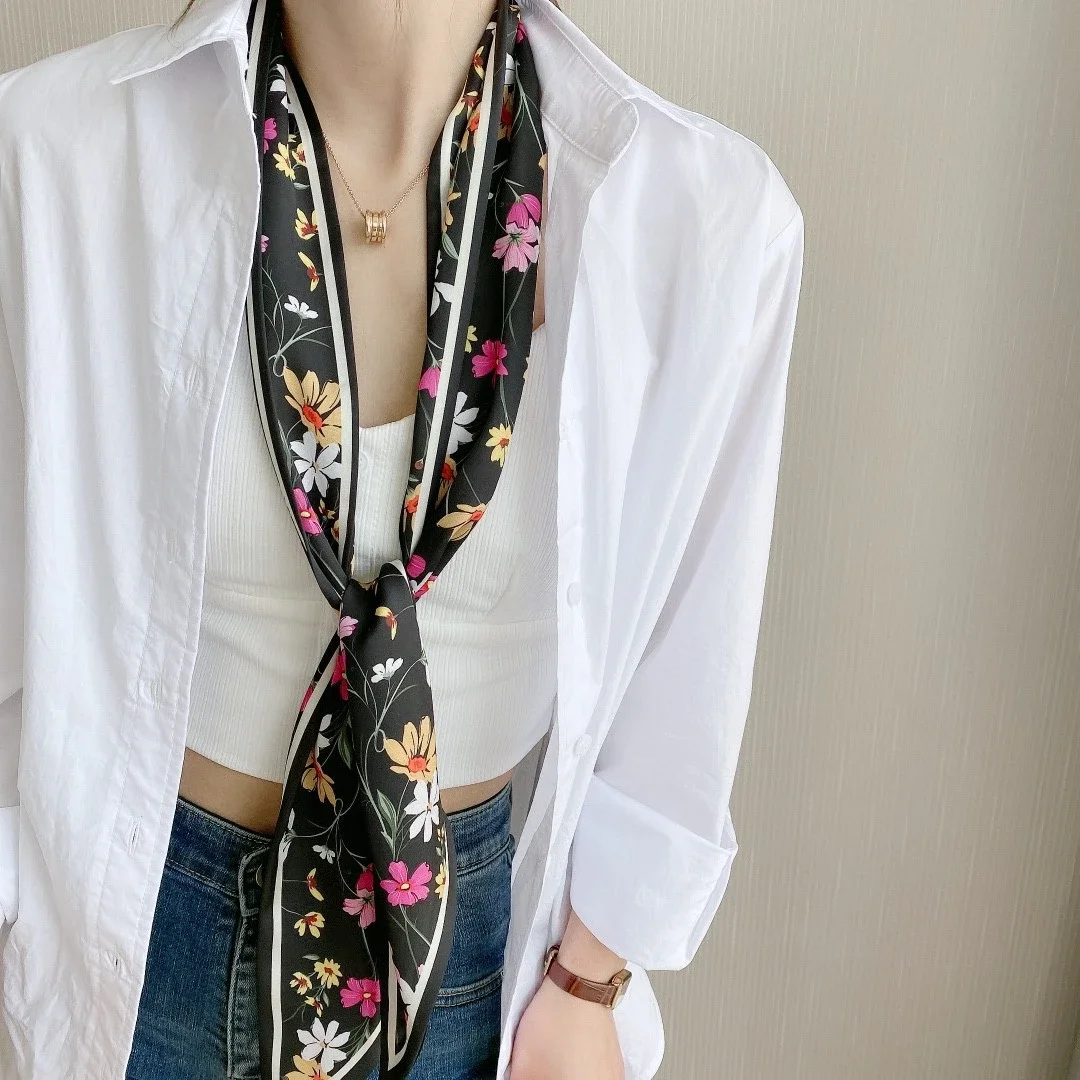 Spring/Summer Fashion Headbands For Women Flower Print Lightweight Scarf Streamer Soft Satin Neckerchief Elegant Hair Scarf
