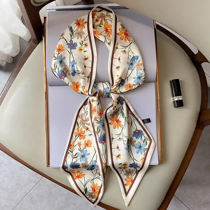 Spring/Summer Fashion Headbands For Women Flower Print Lightweight Scarf Streamer Soft Satin Neckerchief Elegant Hair Scarf