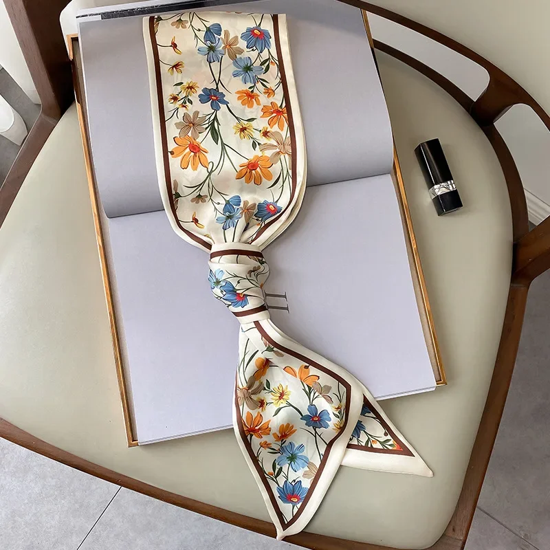 Spring/Summer Fashion Headbands For Women Flower Print Lightweight Scarf Streamer Soft Satin Neckerchief Elegant Hair Scarf