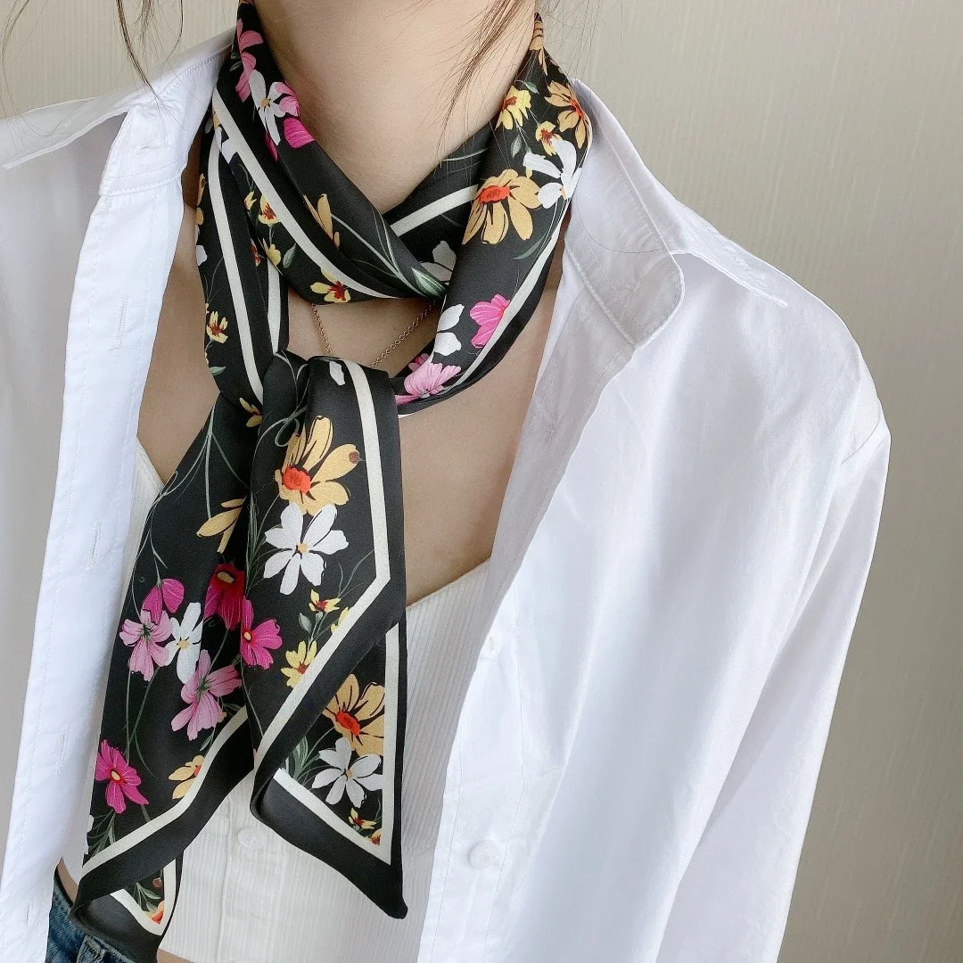 Spring/Summer Fashion Headbands For Women Flower Print Lightweight Scarf Streamer Soft Satin Neckerchief Elegant Hair Scarf