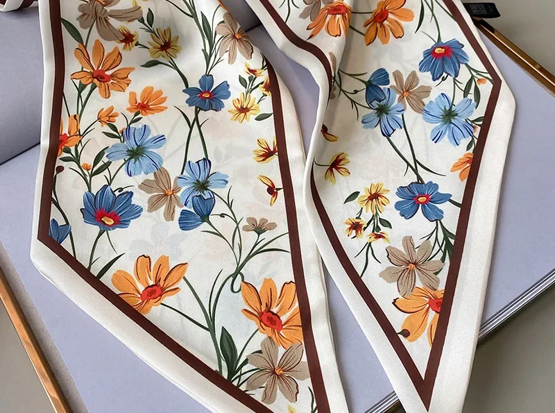 Spring/Summer Fashion Headbands For Women Flower Print Lightweight Scarf Streamer Soft Satin Neckerchief Elegant Hair Scarf