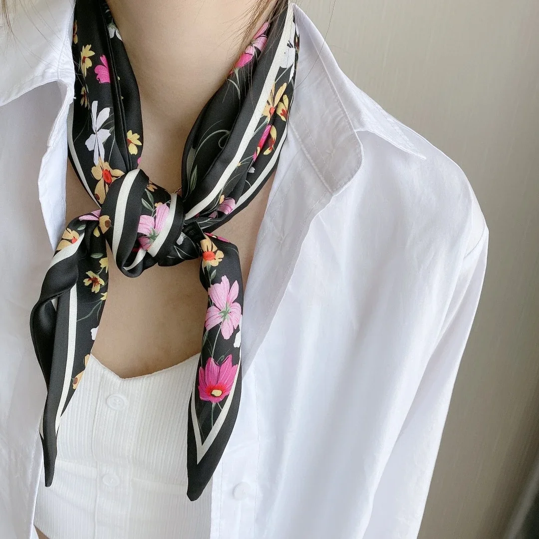 Spring/Summer Fashion Headbands For Women Flower Print Lightweight Scarf Streamer Soft Satin Neckerchief Elegant Hair Scarf