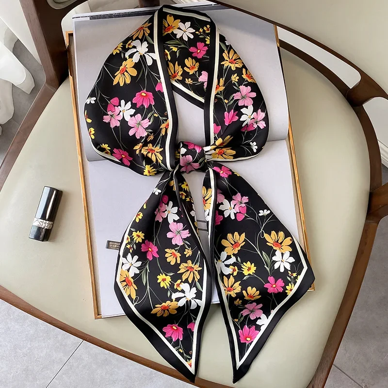 Spring/Summer Fashion Headbands For Women Flower Print Lightweight Scarf Streamer Soft Satin Neckerchief Elegant Hair Scarf