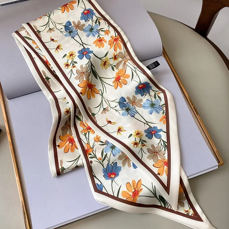 Spring/Summer Fashion Headbands For Women Flower Print Lightweight Scarf Streamer Soft Satin Neckerchief Elegant Hair Scarf