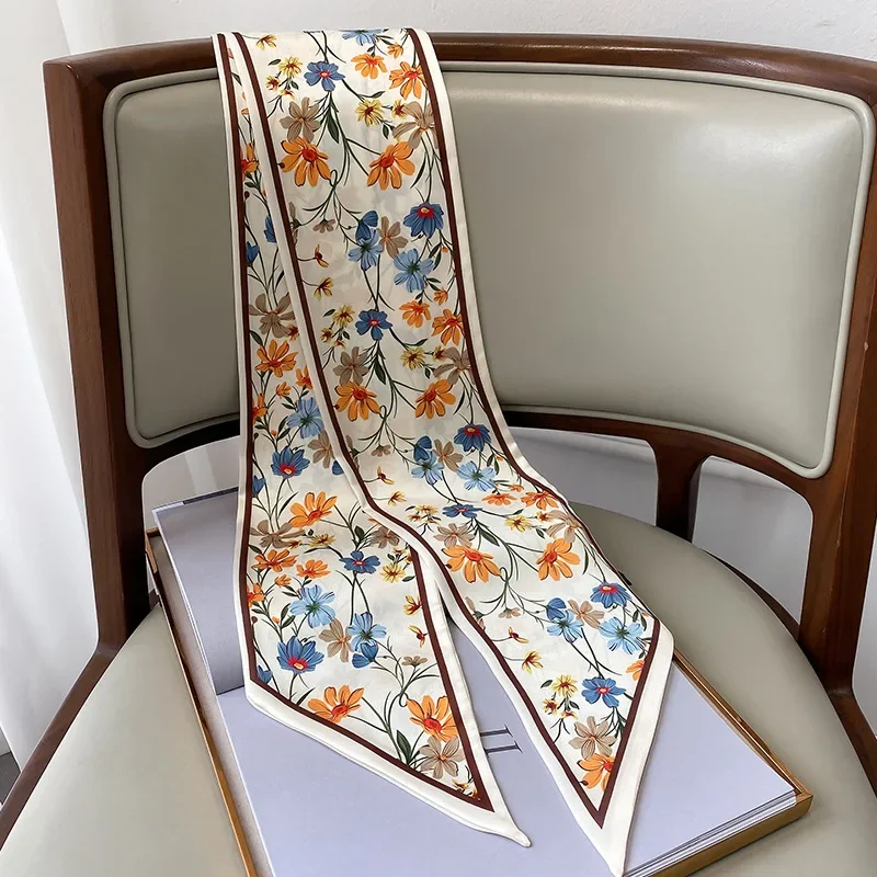 Spring/Summer Fashion Headbands For Women Flower Print Lightweight Scarf Streamer Soft Satin Neckerchief Elegant Hair Scarf