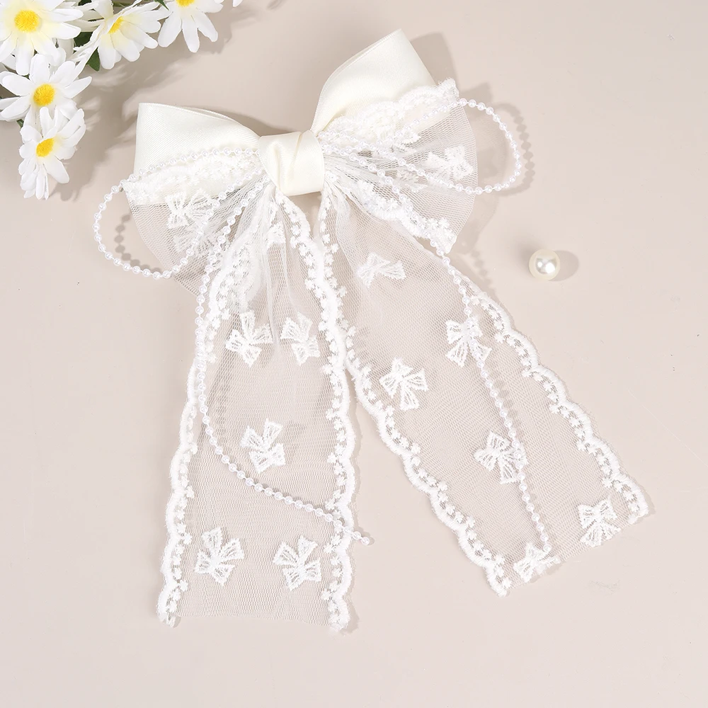 Tulle Bow Hair Clip Sweet Mesh Chiffon Patchwork Bownot Hairpin Elegant Pearl Beads Barrette Girls Women Headdress Accessories