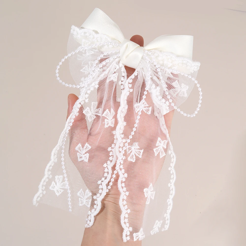 Tulle Bow Hair Clip Sweet Mesh Chiffon Patchwork Bownot Hairpin Elegant Pearl Beads Barrette Girls Women Headdress Accessories