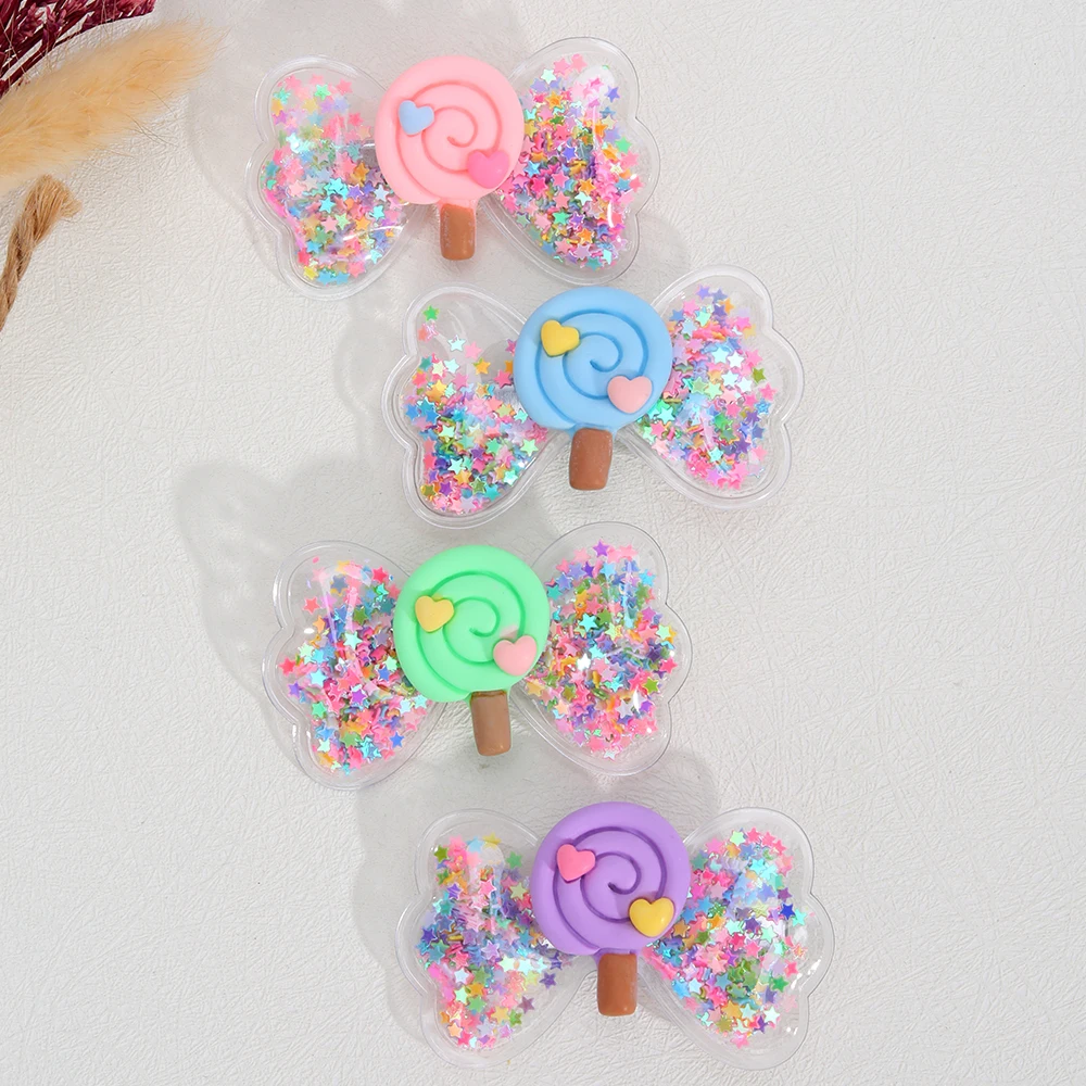 4Pcs PVC Bow Hair Clip Candy Barrette Baby Stars Filled Cute Kawaii Waterproof Hairpins For Girls Children Kids Hair Accessories