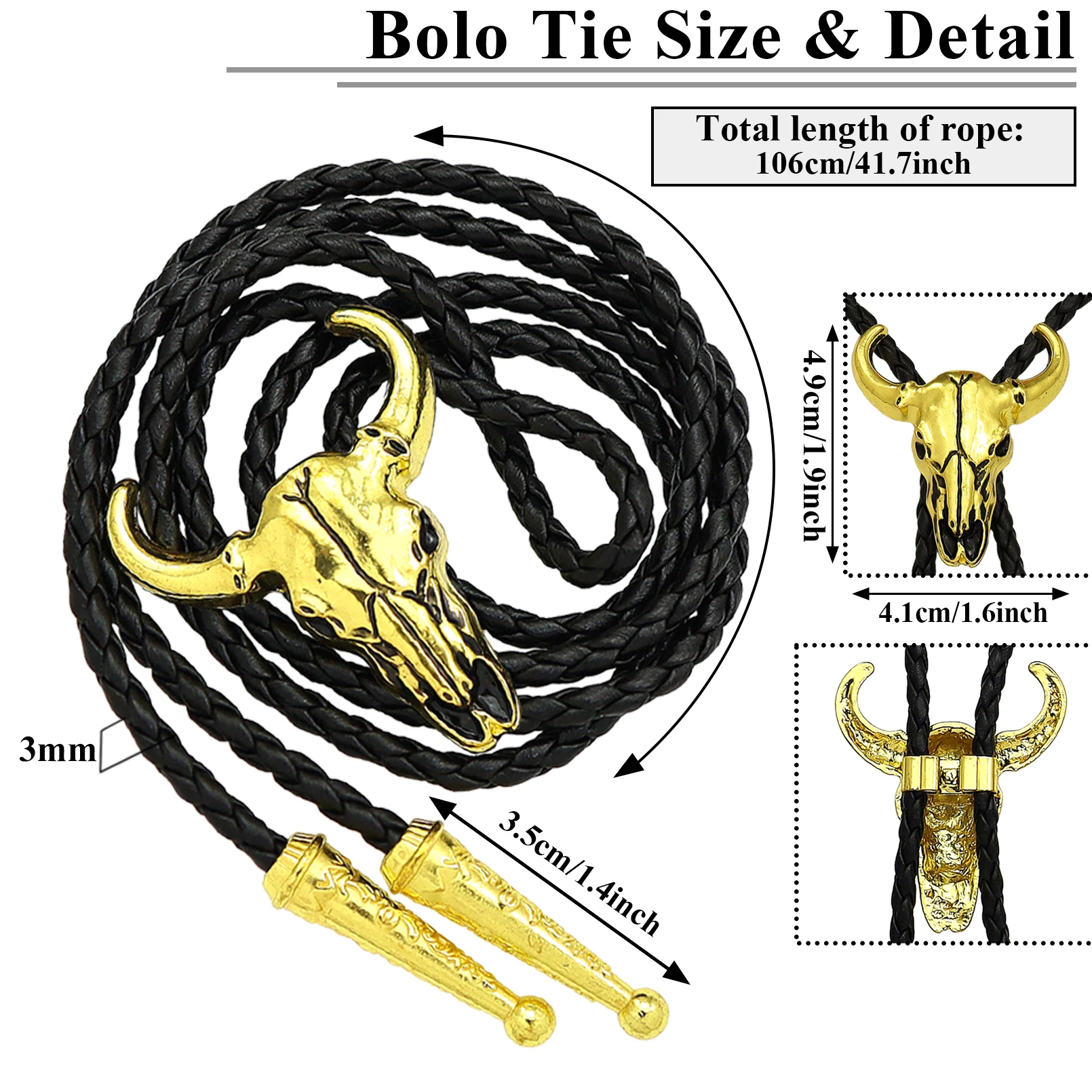 Men's Western Vintage Bolo Tie Cow Skull Design Black Leather Rope Cowboy Necktie with Bull Head Pendant Jewelry Gift Unisex