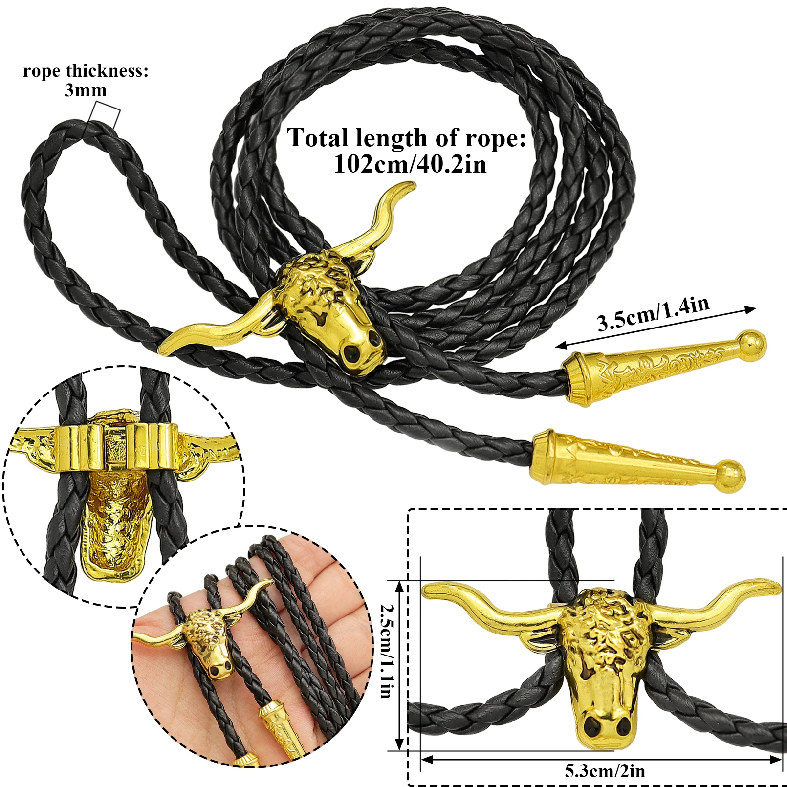 Men's Western Vintage Bolo Tie Cow Skull Design Black Leather Rope Cowboy Necktie with Bull Head Pendant Jewelry Gift Unisex