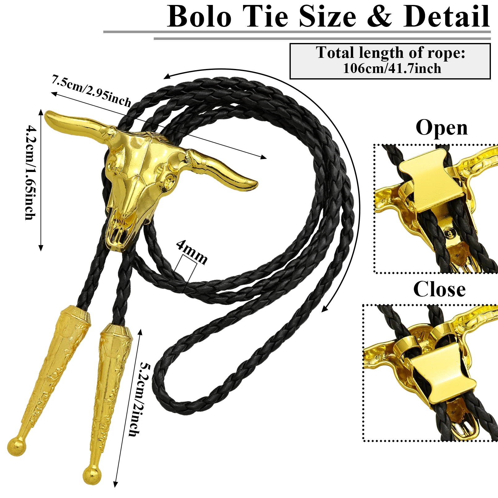 Men's Western Vintage Bolo Tie Cow Skull Design Black Leather Rope Cowboy Necktie with Bull Head Pendant Jewelry Gift Unisex