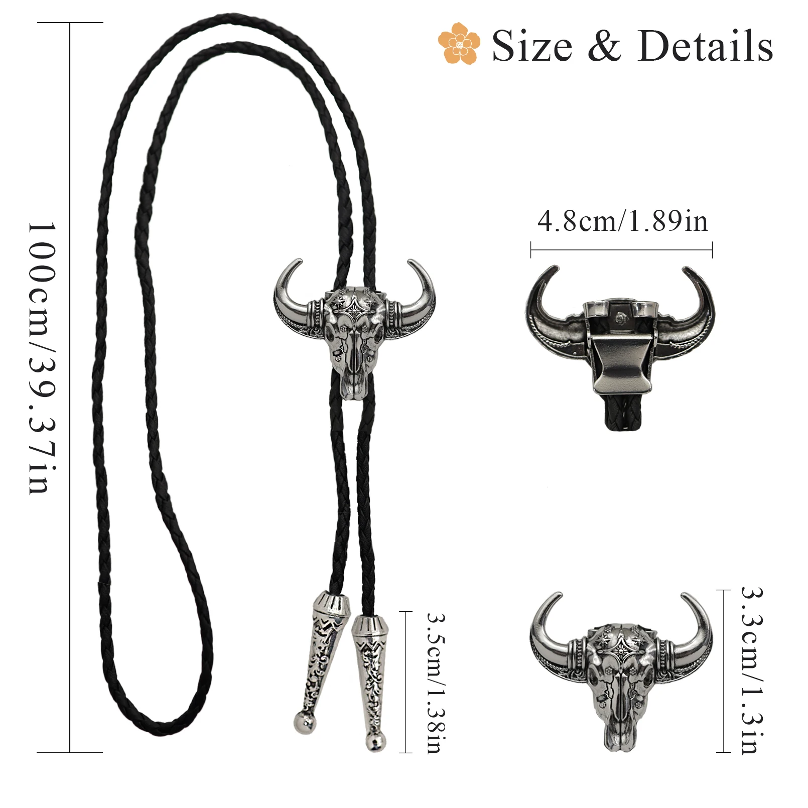 Men's Western Vintage Bolo Tie Cow Skull Design Black Leather Rope Cowboy Necktie with Bull Head Pendant Jewelry Gift Unisex
